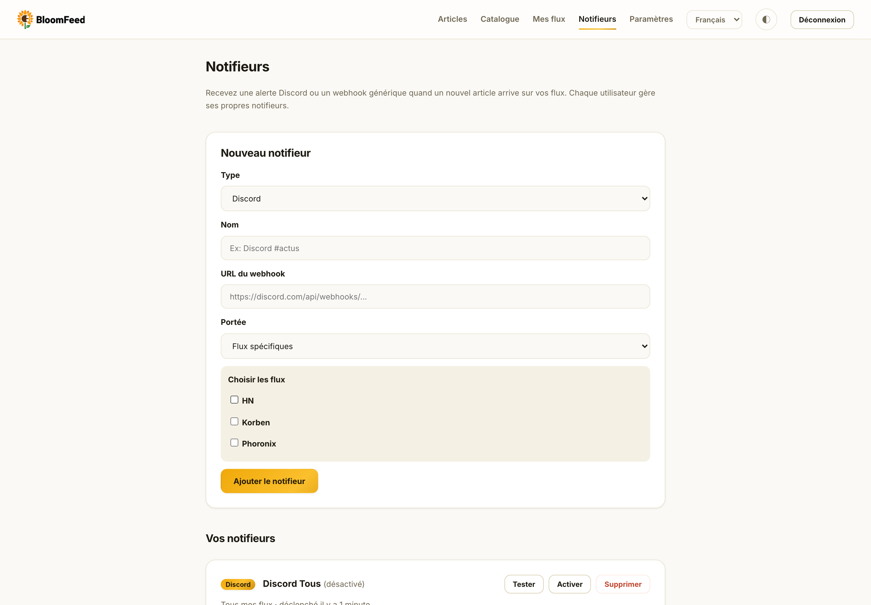 Notifieurs Discord et webhook